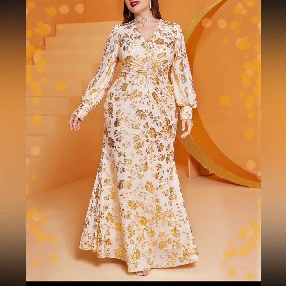 Cream and Gold Long Sleeve V-Neck Gown